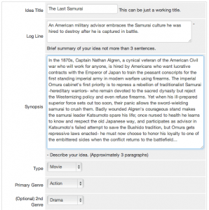 Completed sample of a movie idea and screenplay pitch form